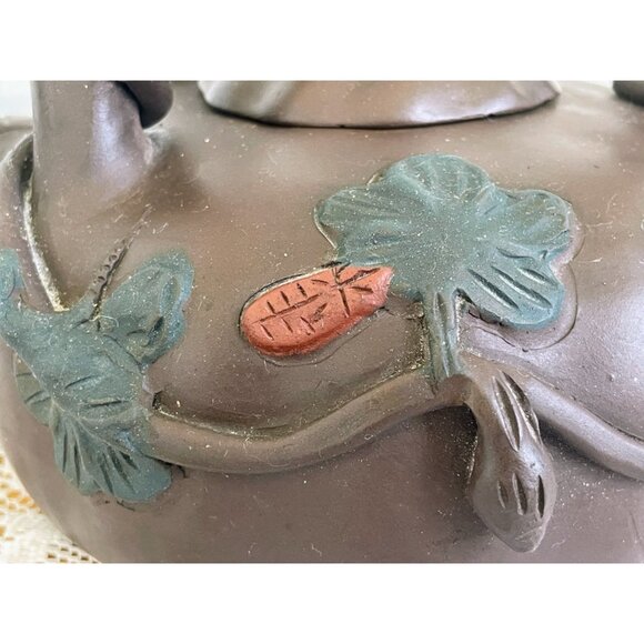 Vintage Clay Pumpkin Chinese Yixing Teapot Vines Big Stem Handle Signed - Picture 3 of 16